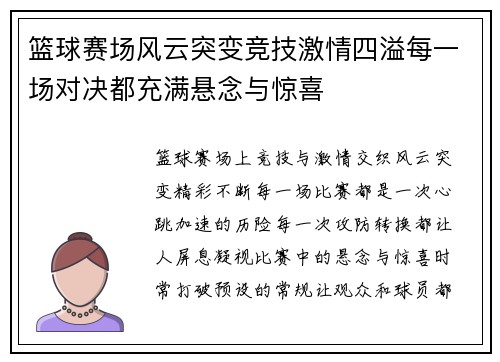 篮球赛场风云突变竞技激情四溢每一场对决都充满悬念与惊喜