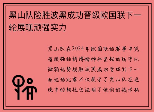黑山队险胜波黑成功晋级欧国联下一轮展现顽强实力